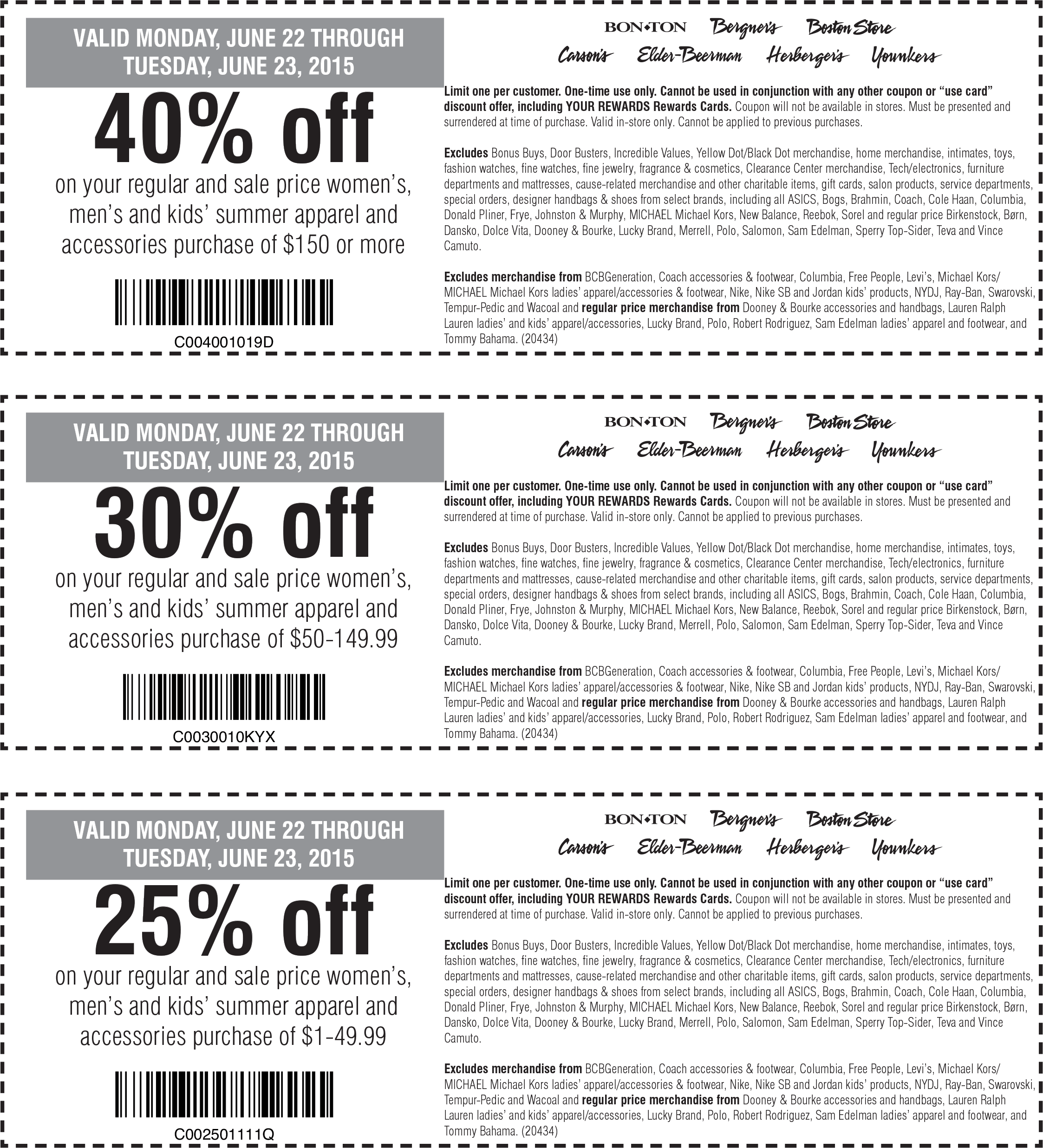 Carsons Coupon March 2024 25-40% off summer gear at Carsons, Bon Ton, Bergners, Boston Store, Elder-Beerman, Herbergers & Younkers stores