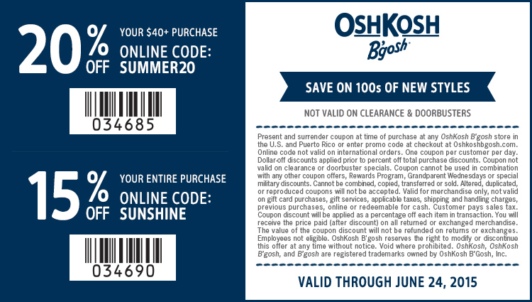 OshKosh Bgosh Coupon April 2024 20% off $40 & more at OshKosh Bgosh, or online via promo code SUMMER20