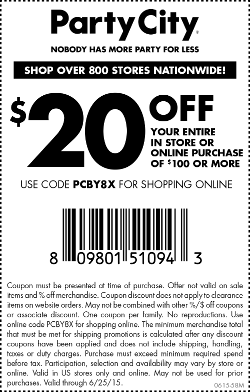 Party City Coupon April 2024 $20 off $100 at Party City, or online via promo code PCBY8X