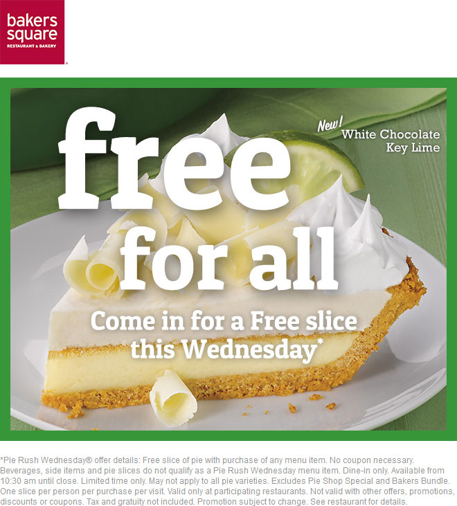 Bakers Square Coupon April 2024 Free pie slice with your meal today at Bakers Square