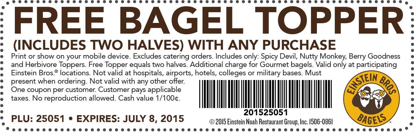 Einstein Bros Bagels Coupon March 2024 Free bagel topper with any order at Einstein Bros Bagels