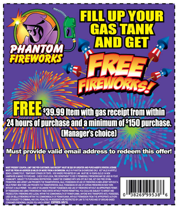 Phantom Fireworks Coupon April 2024 Free $40 item with gas receipt + $150 spent at Phantom Fireworks