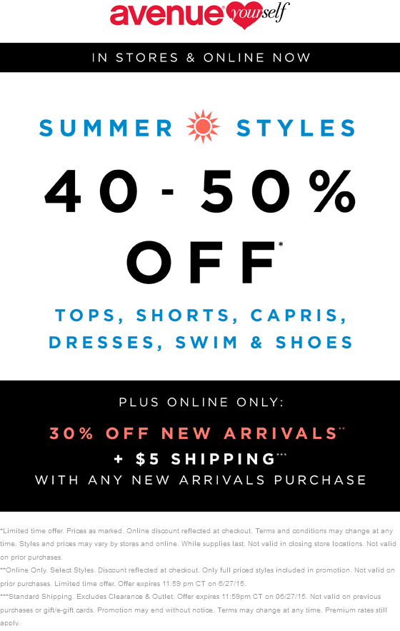 Avenue Coupon April 2024 40-50% off summer styles at Avenue, ditto online + 30% off new arrivals