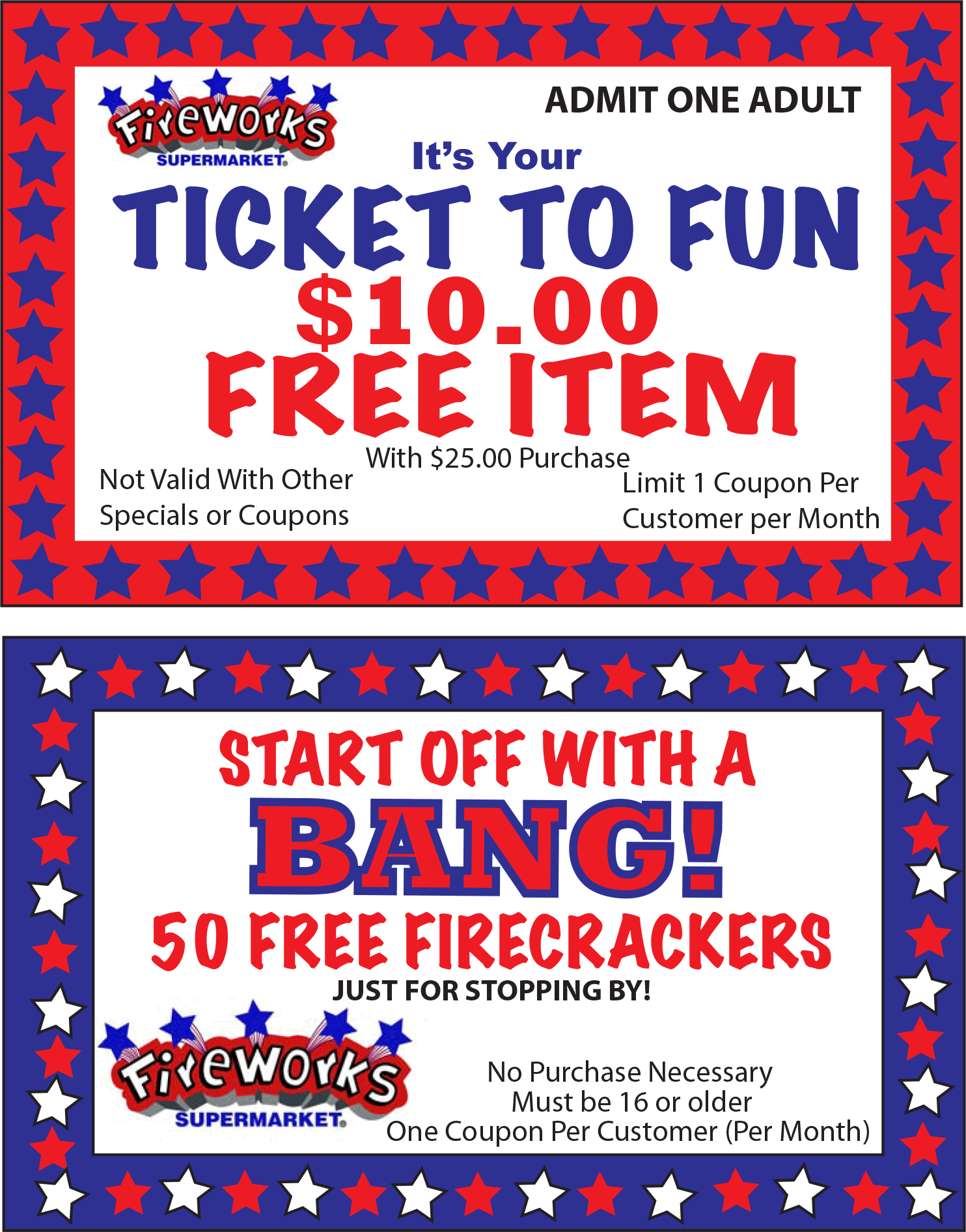 Fireworks Supermarket Coupon March 2024 $10 item free with $25 spent at Fireworks Supermarket