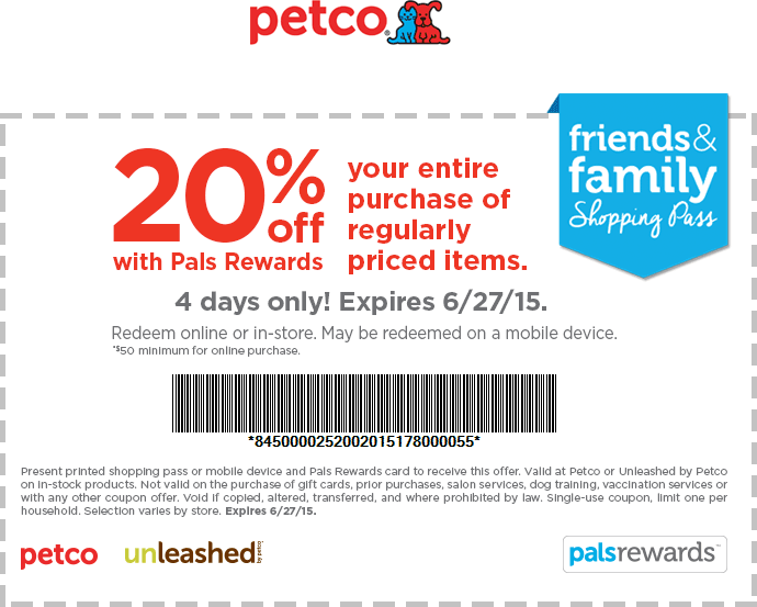 Petco Coupon April 2024 20% off at Petco, or 20% off $50 online via promo code FRIENDS