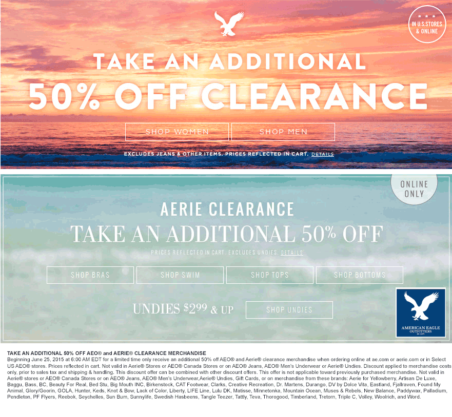 American Eagle Outfitters Coupon April 2024 Extra 50% off clearance at American Eagle Outfitters, ditto online - also at Aerie