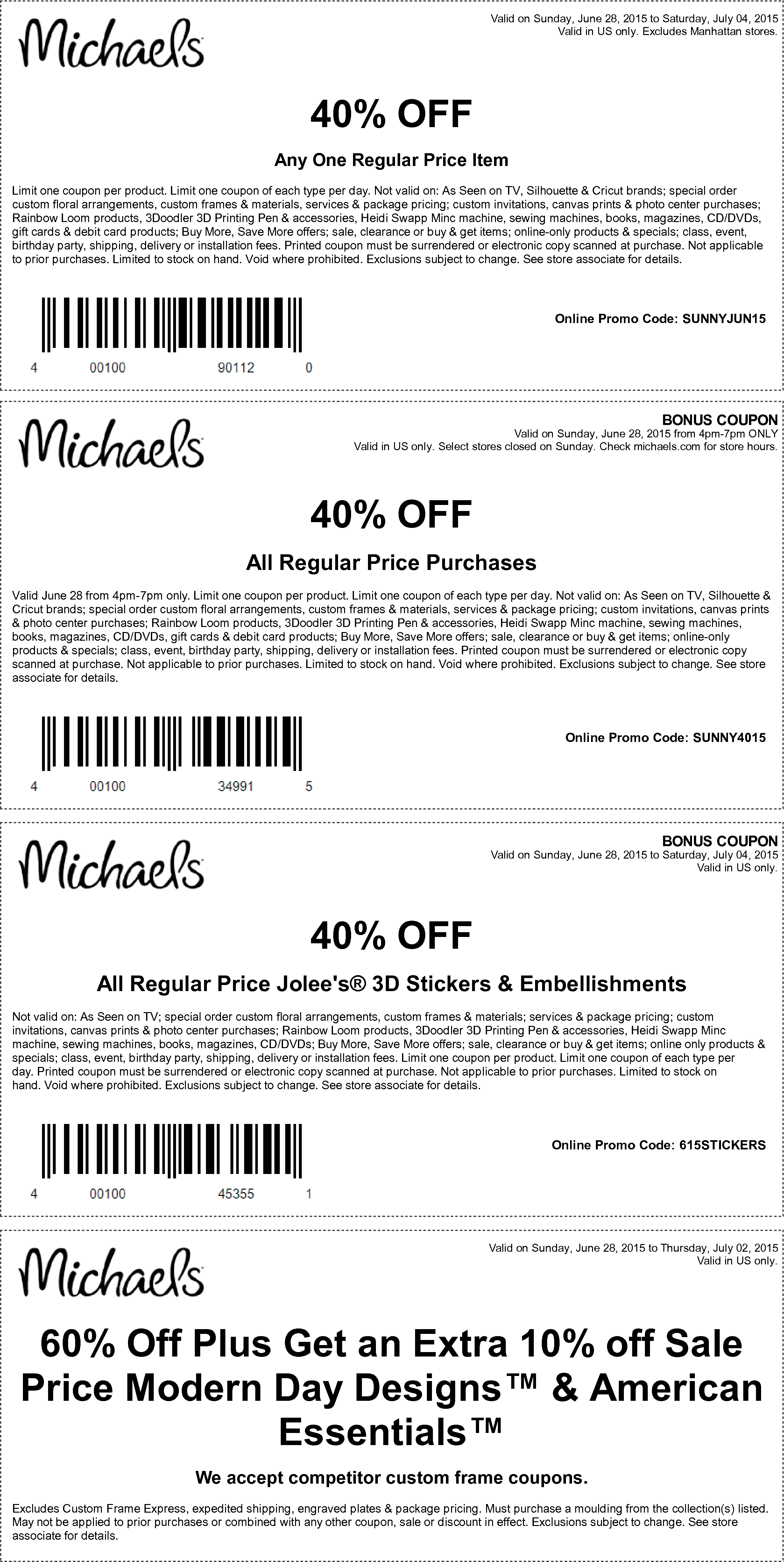 Michaels Coupon April 2024 40% off the tab, a single item & more at Michaels, or online via promo code SUNNYJUN15
