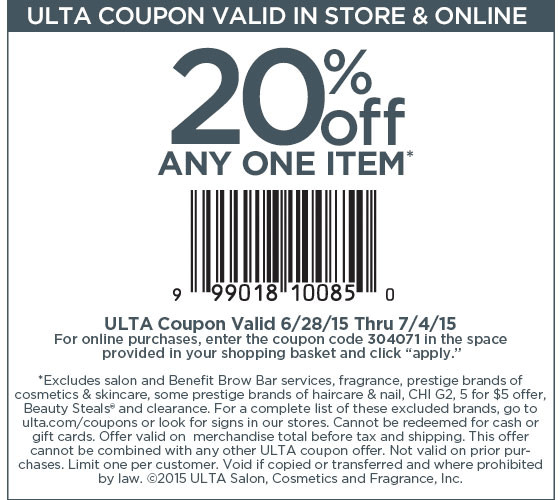 Ulta Coupon April 2024 20% off a single item at Ulta, or online via promo code 304071