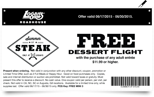 Logans Roadhouse Coupon April 2024 Free dessert with your entree at Logans Roadhouse