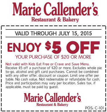 Marie Callenders Coupon April 2024 $5 off $20 at Marie Callenders restaurant & bakery