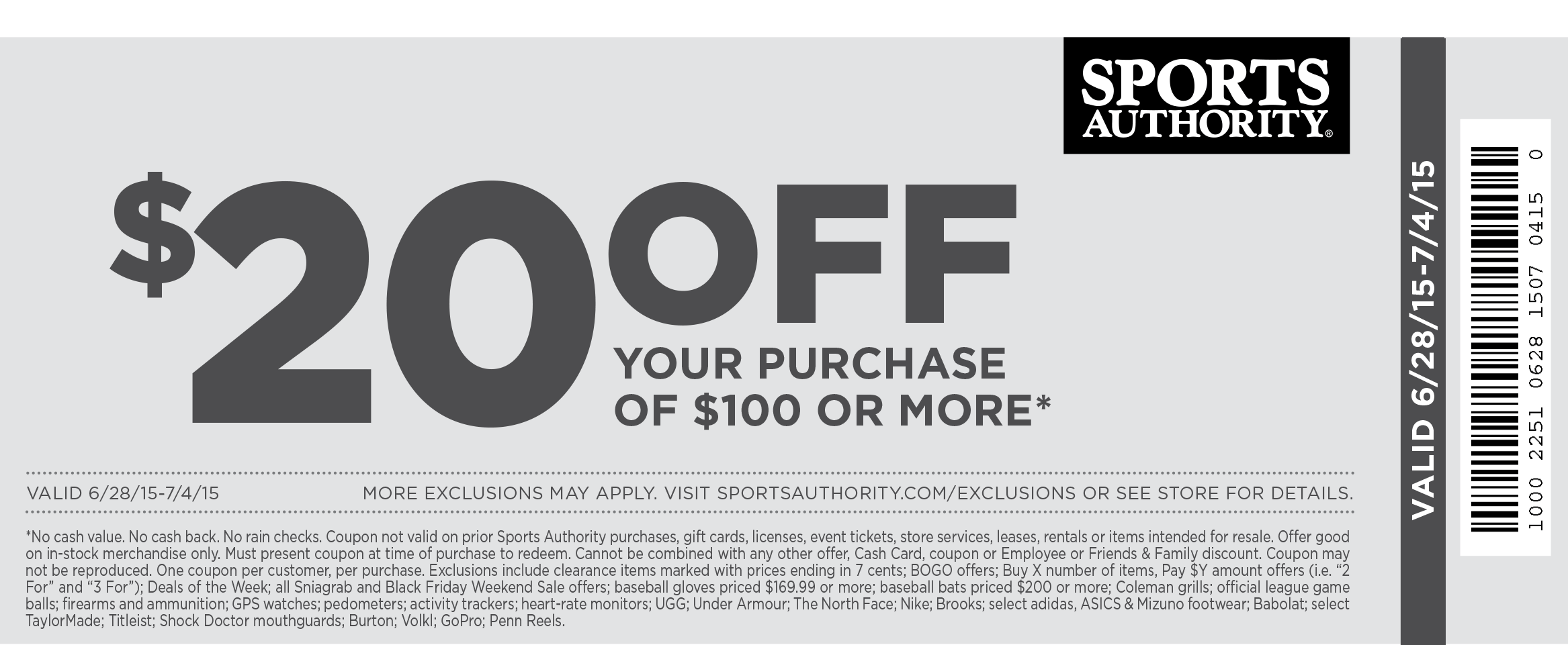 Sports Authority Coupon April 2024 $20 off $100 at Sports Authority, ditto online with free shipping