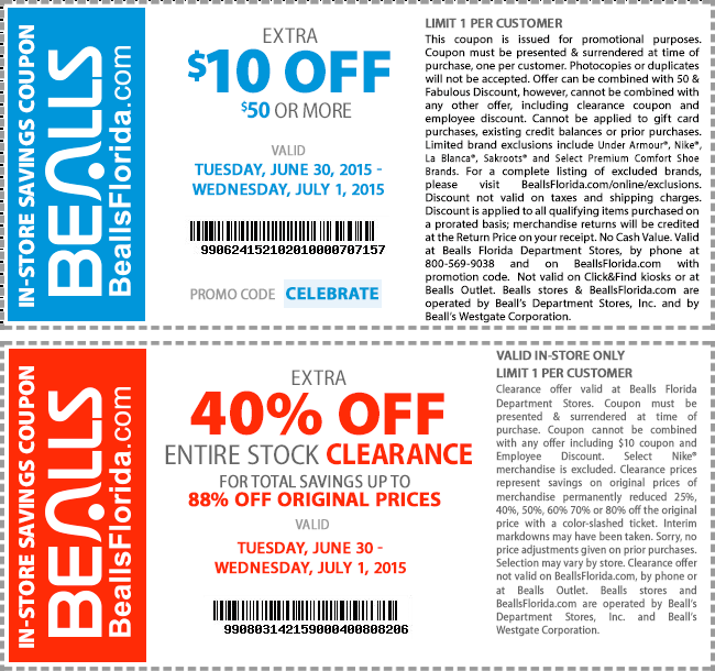 Bealls Coupon April 2024 $10 off $50 & extra 40% off clearance at Bealls, or online via promo code CELEBRATE