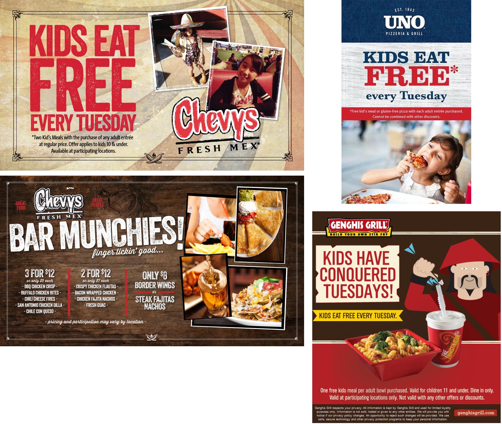 Chevys Fresh Mex Coupon April 2024 Kids eat free today at Chevys Fresh Mex, Genghis Grill & Uno Pizzeria Grill