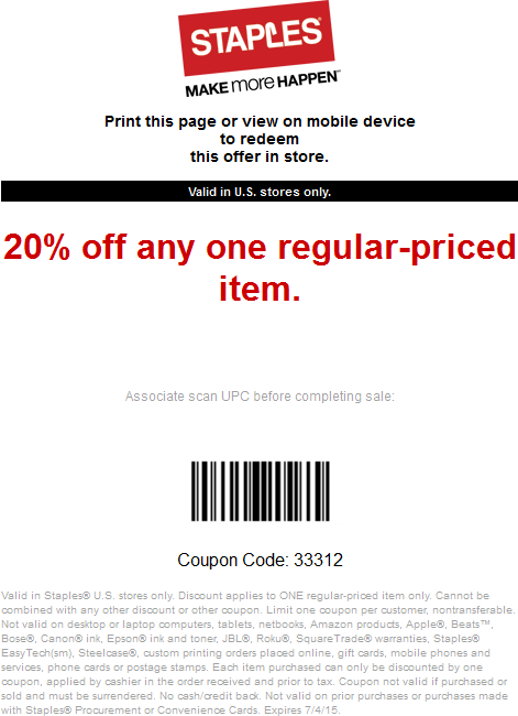 Staples Coupon April 2024 20% off a single item at Staples