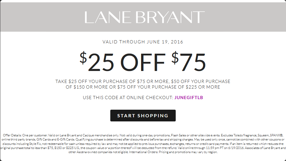 Lane Bryant Coupon March 2024 $25 off $75 at Lane Bryant, or online via promo code JUNEGIFTLB