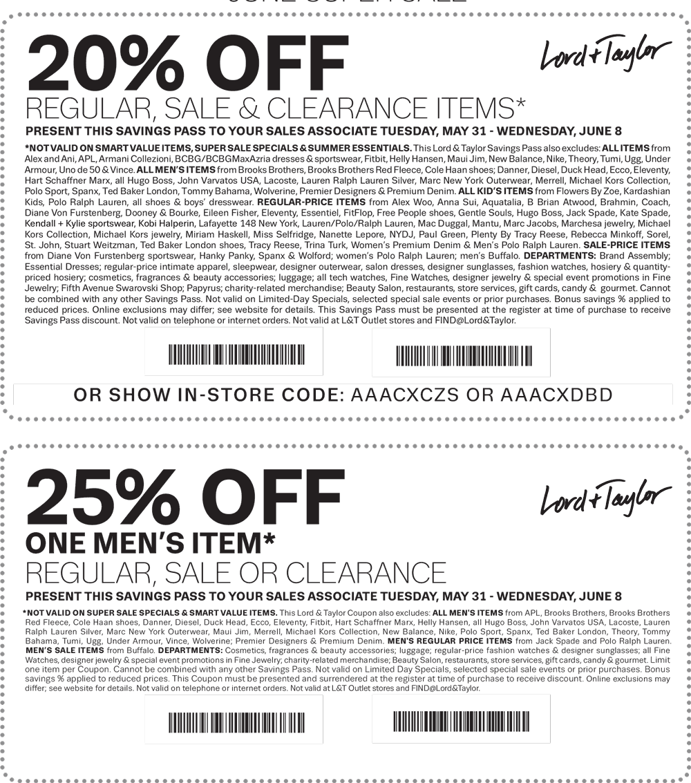 Lord & Taylor Coupon April 2024 Extra 20% off at Lord & Taylor, or online via promo code JUNE