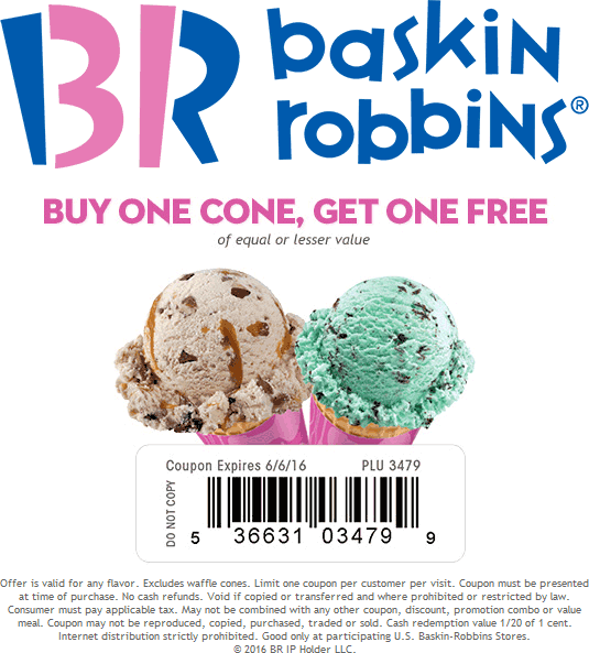 Baskin Robbins Coupon March 2024 Second ice cream cone free at Baskin Robbins