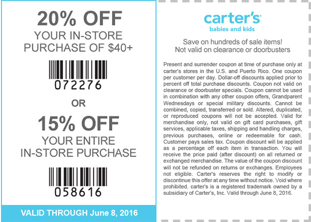 Carters Coupon March 2024 15-20% off at Carters, or online via promo code CAR63016