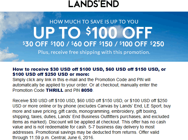 Lands End Coupon April 2024 $30 off $100 & more online at Lands End via promo code THRILL and pin 8050