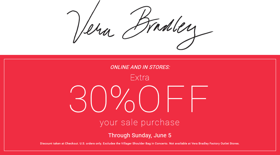 Vera Bradley Coupon April 2024 Extra 30% off sale items today at Vera Bradley, ditto online