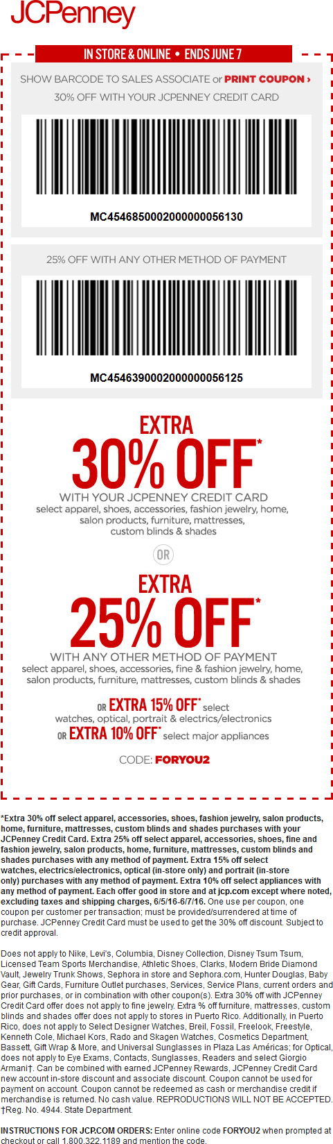 JCPenney Coupon May 2024 Extra 25% off at JCPenney, or online via promo code FORYOU2