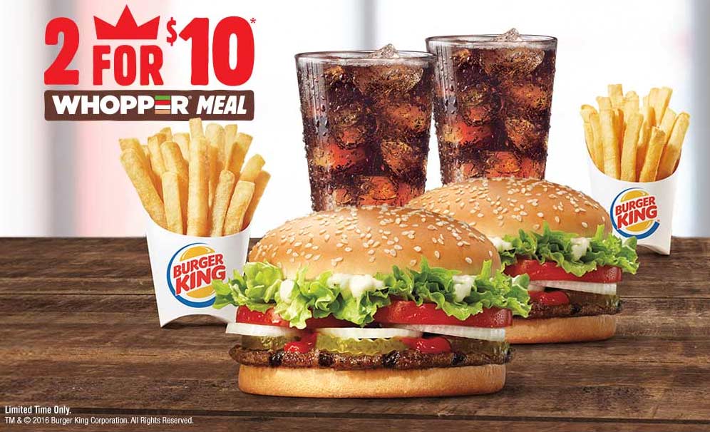 Burger King Coupon April 2024 Two whopper meals for $10 at Burger King