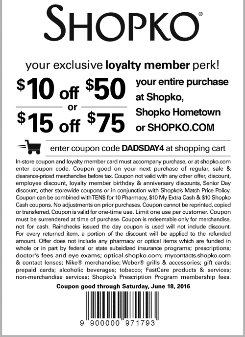Shopko Coupon April 2024 $10 off $50 at Shopko, or online via promo code DADSDAY4