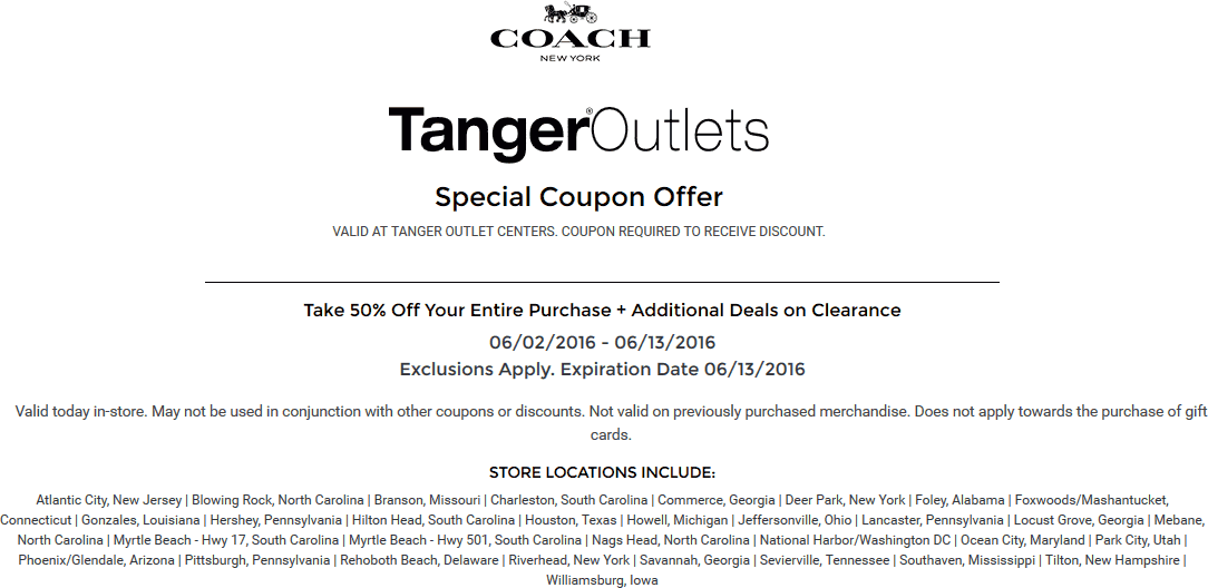 Coach Coupon April 2024 50% off everything at Tanger Outlets Coach stores