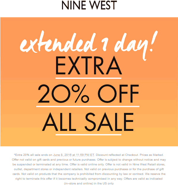 Nine West Coupon April 2024 Extra 20% off sale today at Nine West, ditto online