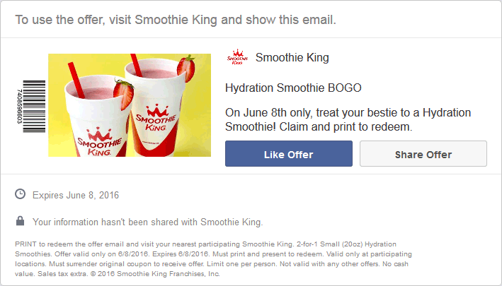 Smoothie King Coupon April 2024 Second smoothie free today at Smoothie King