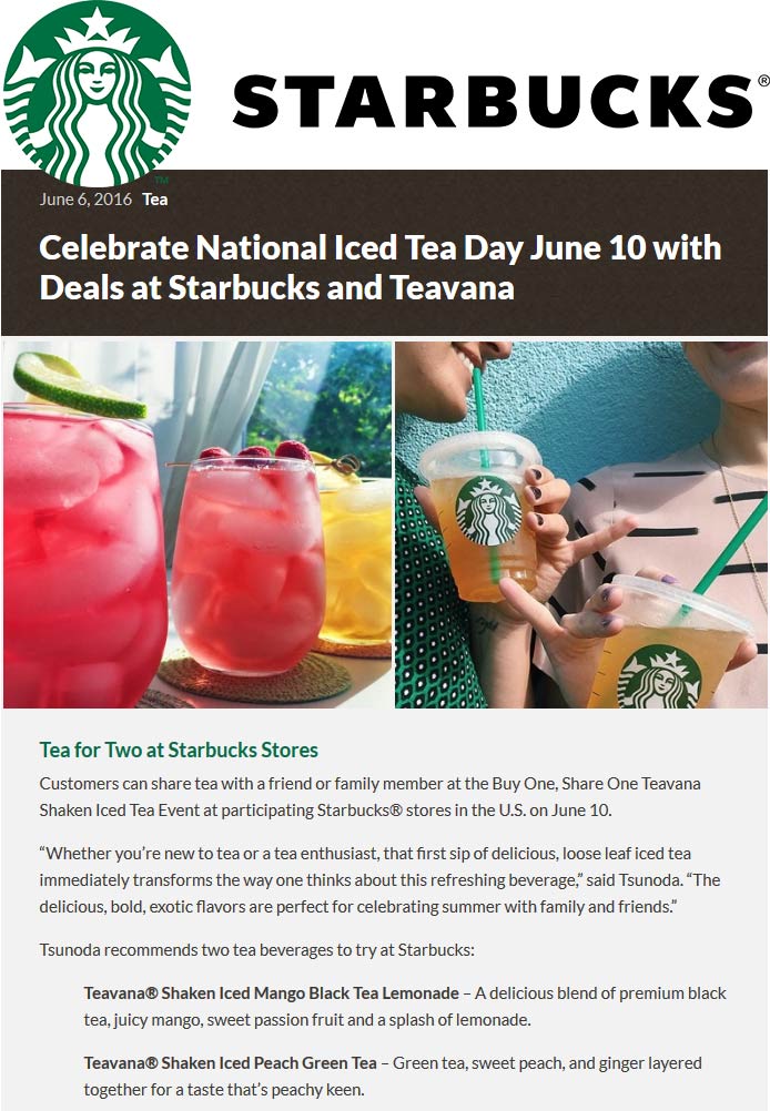 Starbucks Coupon April 2024 Second iced tea free Friday at Starbucks