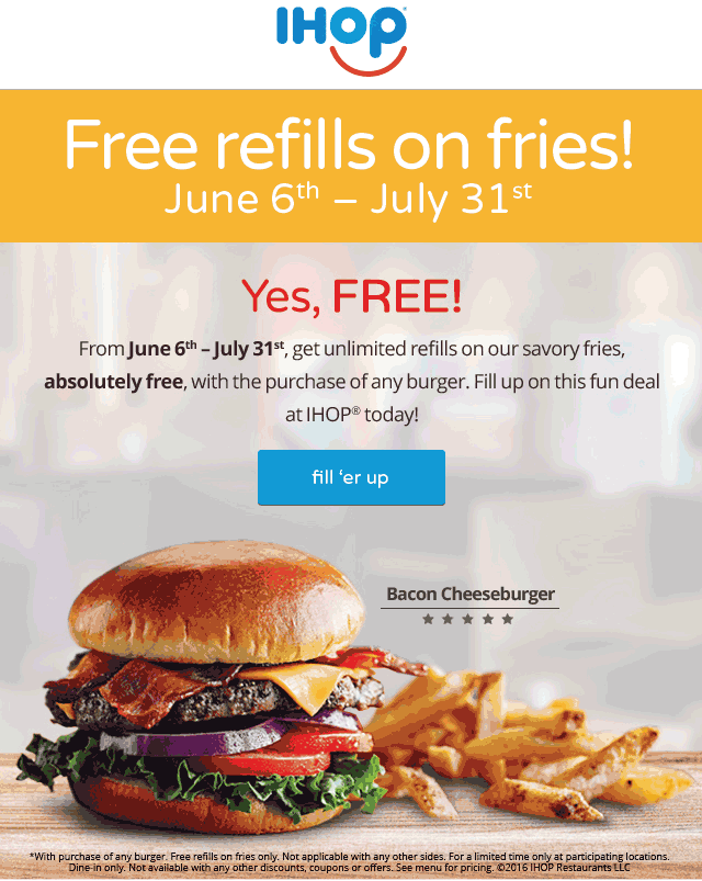 IHOP Coupon April 2024 Free bottomless fries with your burger at IHOP