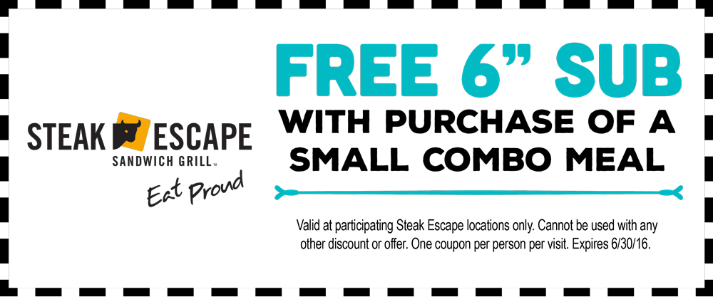 Steak Escape Coupon April 2024 Free sub with your combo meal at Steak Escape sandwich grill