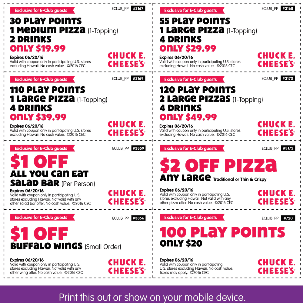 Chuck E. Cheese Coupon March 2024 30 tokens + pizza + drinks = $20 & more at Chuck E. Cheese