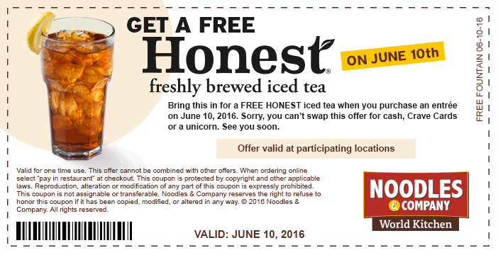 Noodles & Company Coupon March 2024 Free Honest iced tea today at Noodles & Company