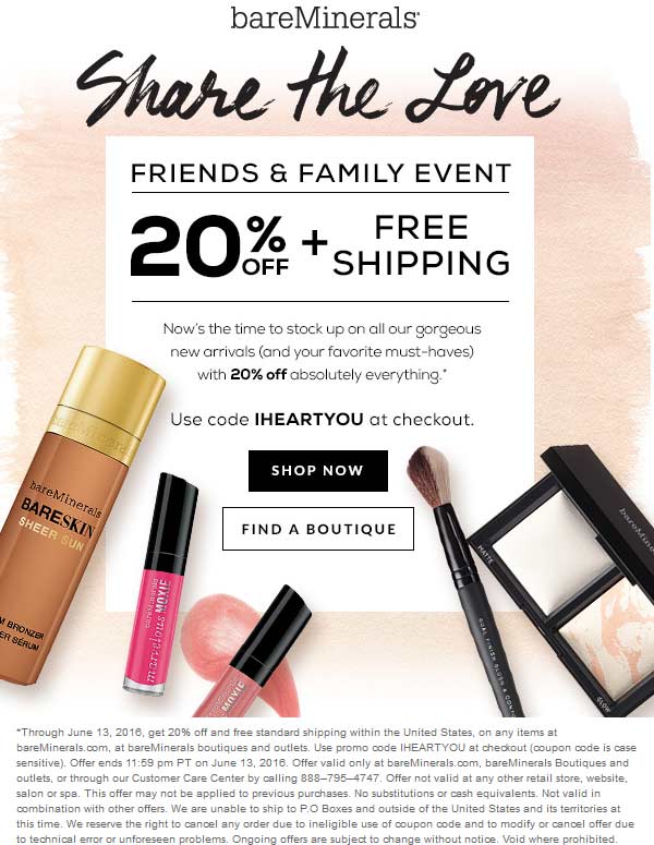 bareMinerals Coupon April 2024 20% off at bareMinerals, or online with free ship via promo code IHEARTYOU