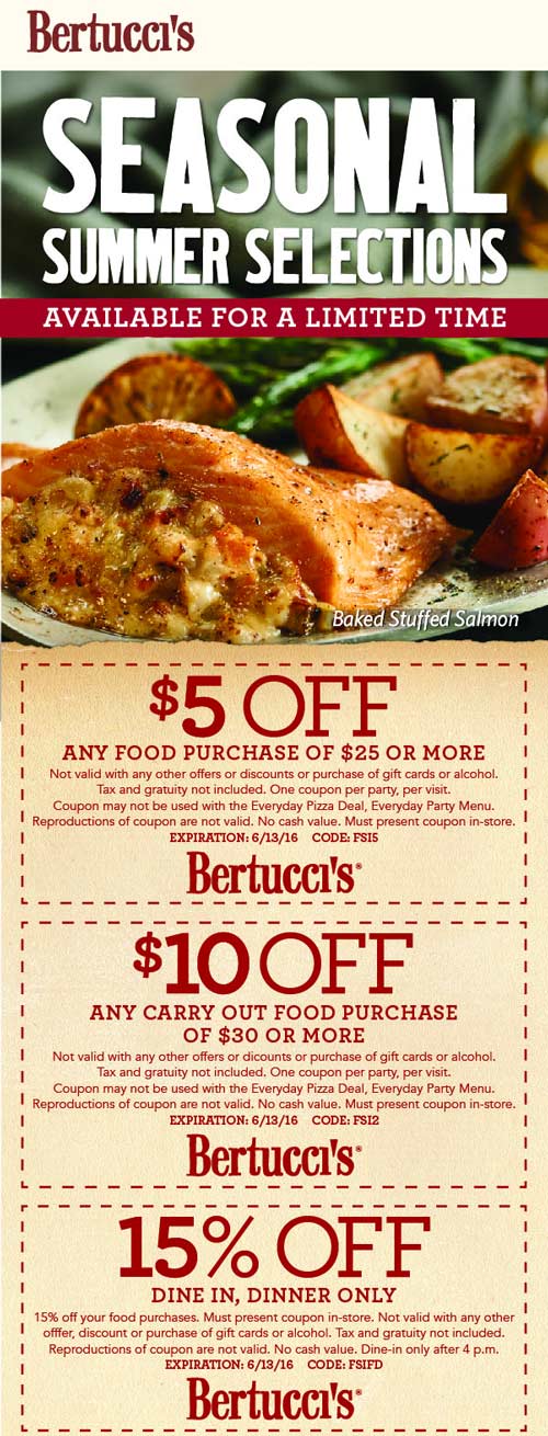 Bertuccis Coupon April 2024 $5 off $25 & more at Bertuccis restaurants