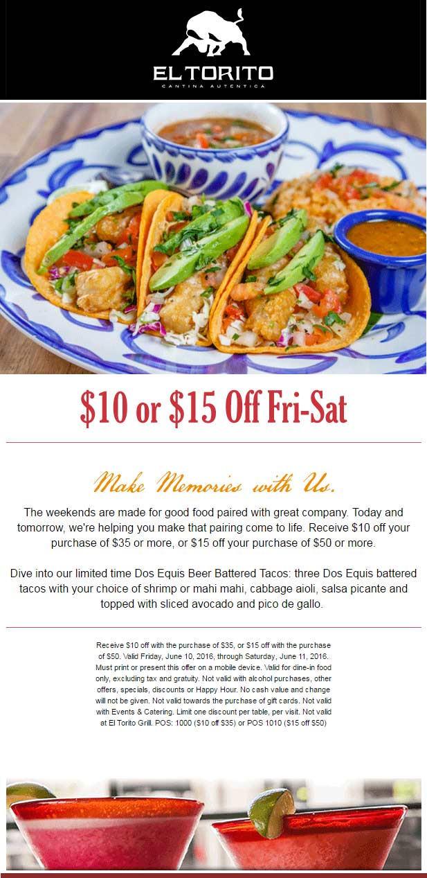 El Torito Coupon March 2024 $10 off $35 & more today at El Torito restaurants