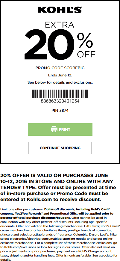 Kohls Coupon March 2024 20% off at Kohls, or online via promo code SCOREBIG