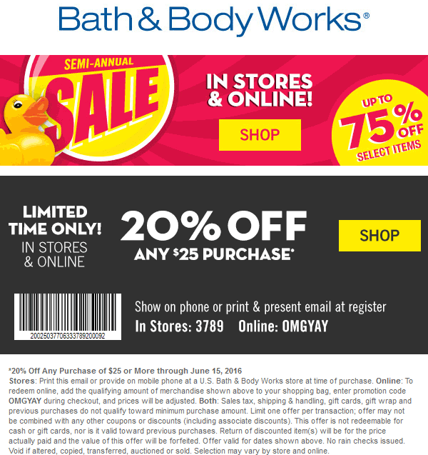 Bath & Body Works Coupon April 2024 20% off $25 at Bath & Body Works, or online via promo code OMGYAY
