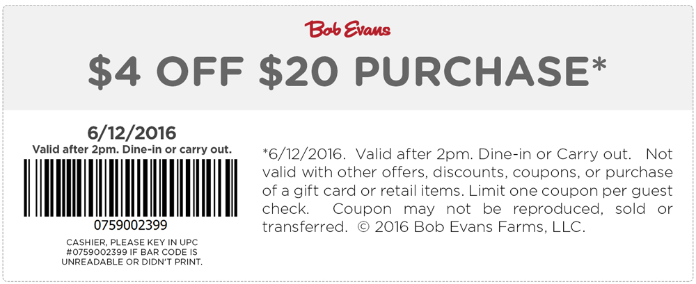 Bob Evans Coupon April 2024 $4 off $20 today at Bob Evans restaurants
