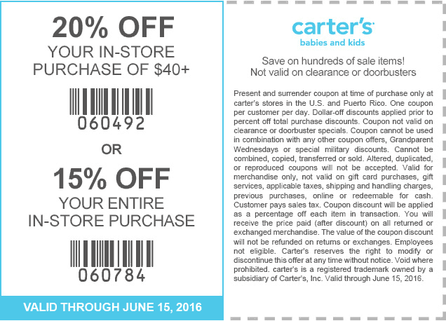 Carters Coupon April 2024 15-20% off at Carters, or online via promo code CAR63016