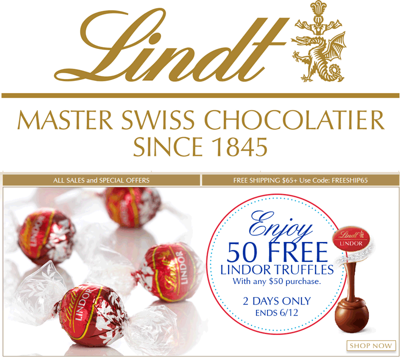 Lindt Coupon April 2024 50 free truffles with $50 spent today at Lindt Swiss chocolates