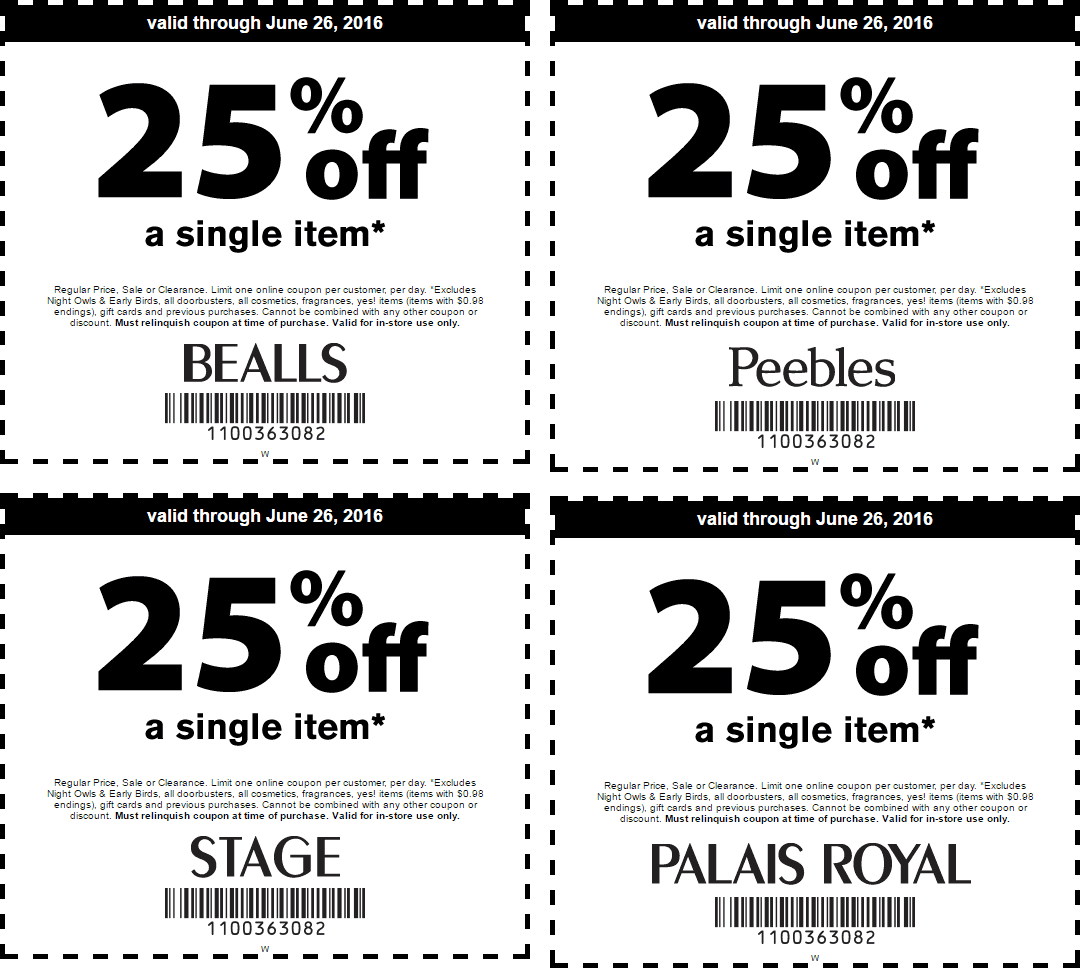Bealls Coupon April 2024 25% off a single item at Bealls, Peebles, Stage & Palais Royal
