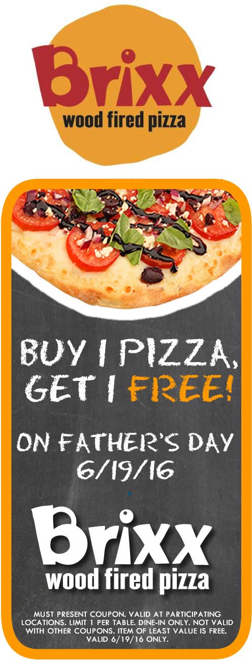 Brixx Coupon April 2024 Second wood fired pizza free Sunday at Brixx