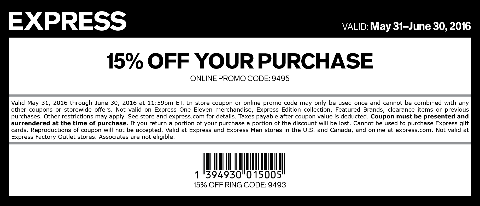 Express Coupon March 2024 15% off at Express, or online via promo code 9495