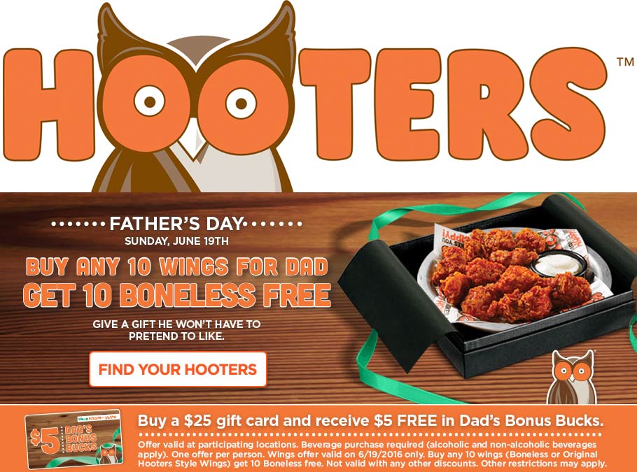 Hooters Coupon May 2024 Second 10pc wings free for Dad Sunday at Hooters