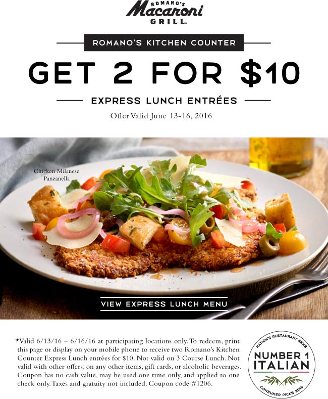 Macaroni Grill Coupon April 2024 Two lunches for $10 at Macaroni Grill