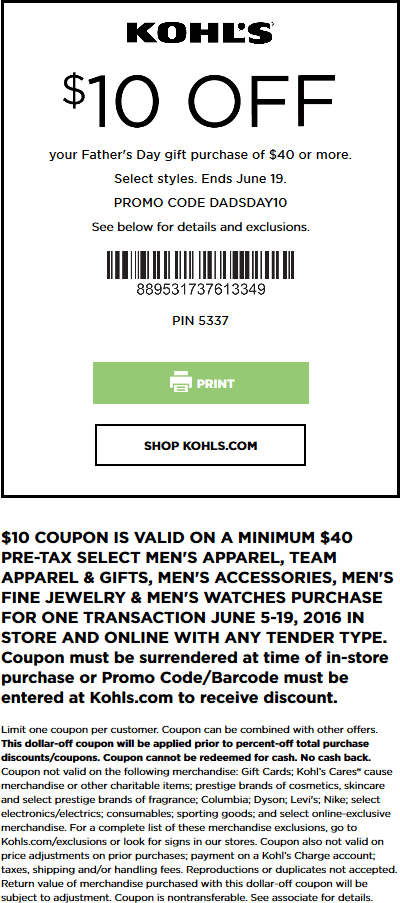 Kohls Coupon April 2024 $10 off $40 on Fathers Day gifts at Kohls, or online via promo code DADSDAY10
