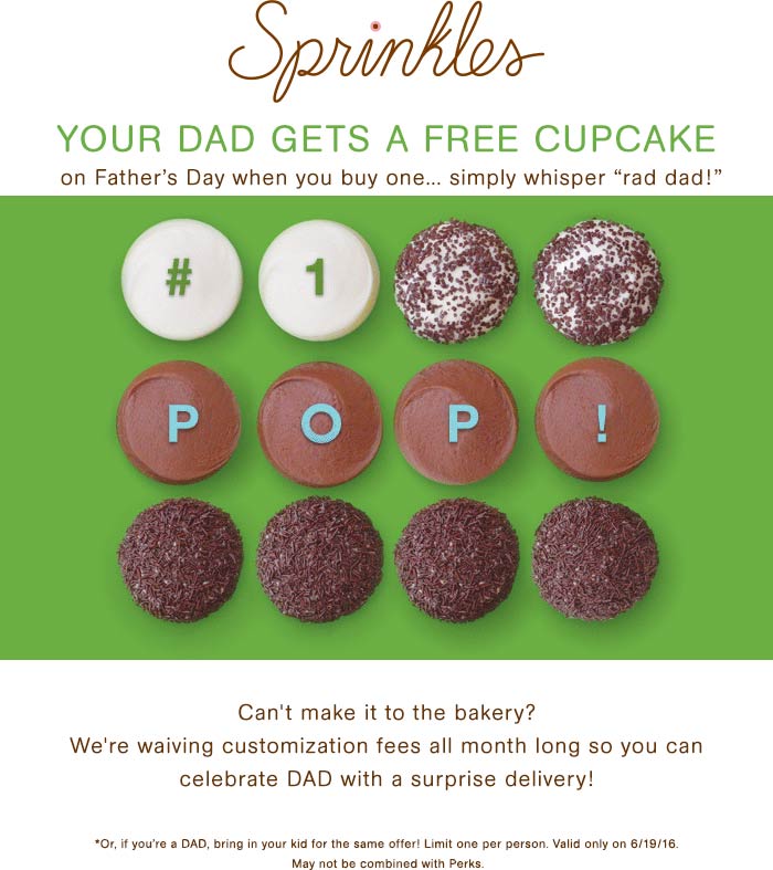 Sprinkles Coupon April 2024 Dads & kids enjoy a free cupcake Sunday at Sprinkles